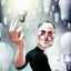 Steve Jobs reaching out to light a bulb by touching it, (by Andre Carrilho)