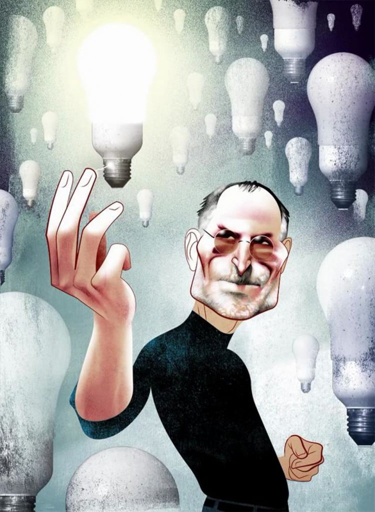 Steve Jobs reaching out to light a bulb by touching it, (by Andre Carrilho)